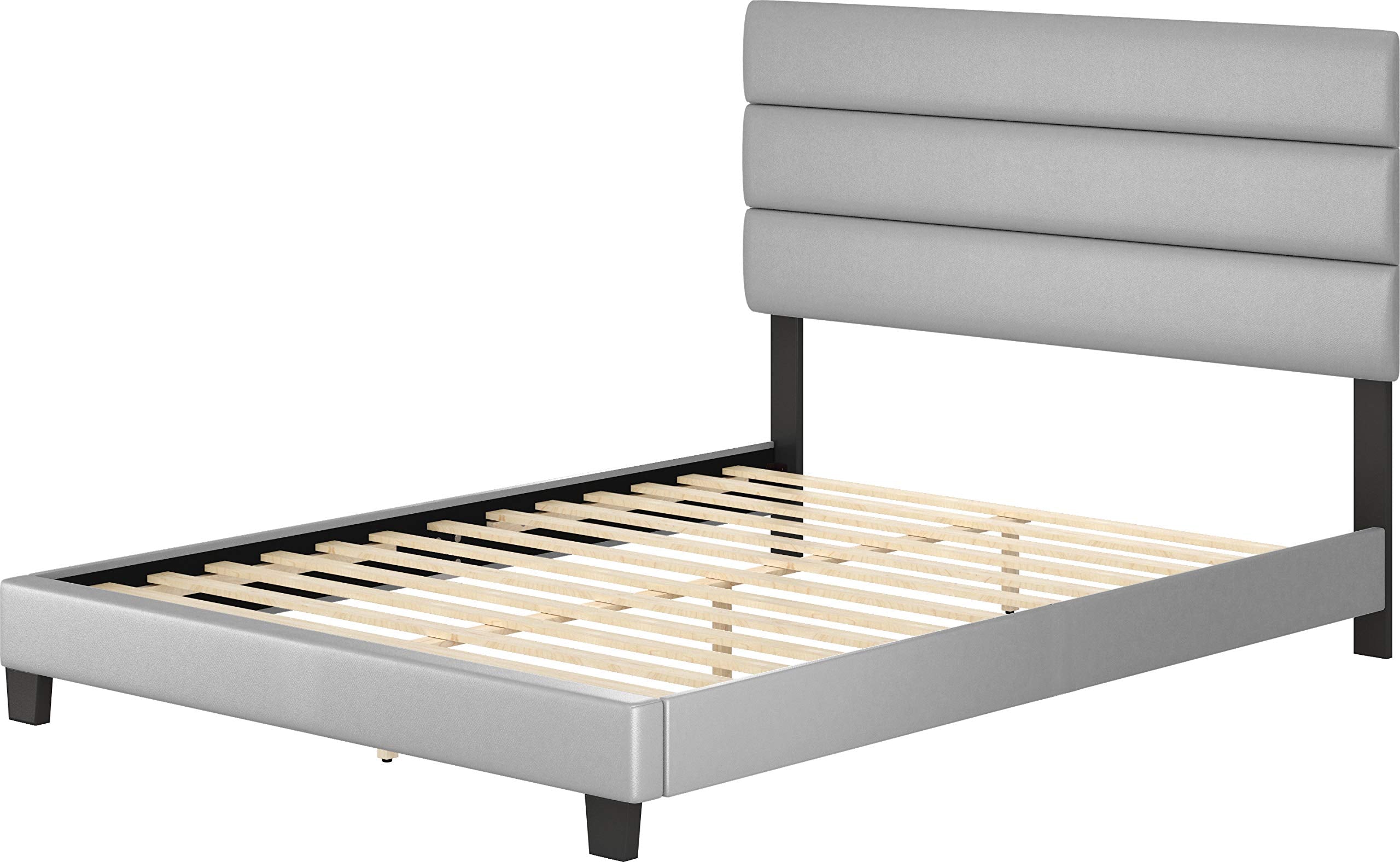 Boyd Sleep Piedmont Upholstered Platform Bed Frame Mattress Foundation With Tri-Panel Headboard And Strong Wood Slat Supports: Faux Leather, Grey, Queen